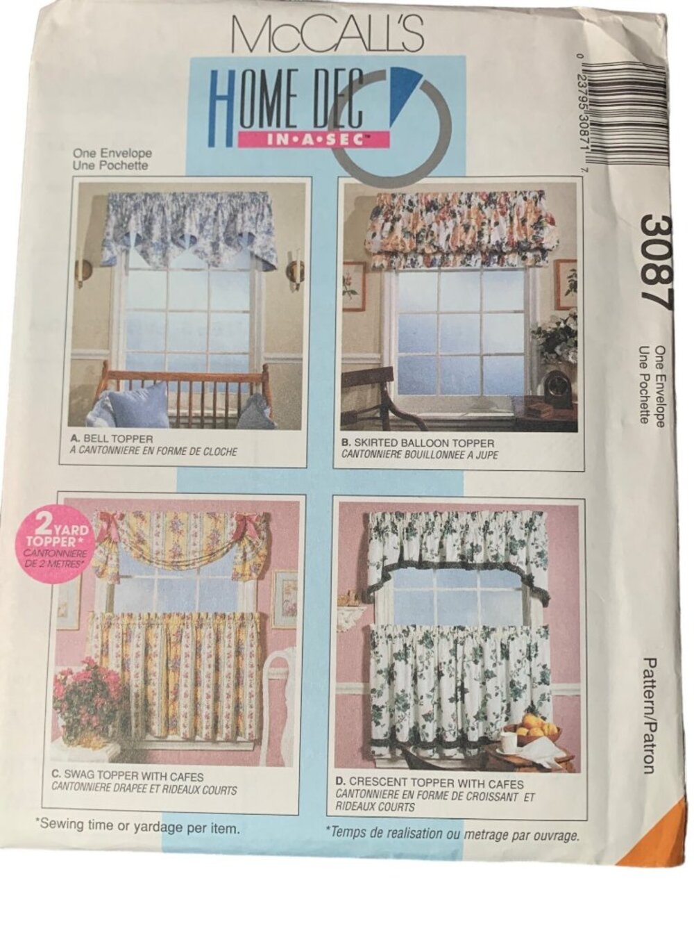 McCall's Home Dec Window Valance & Cafe Curtains Sewing Pattern 3087 Uncut
